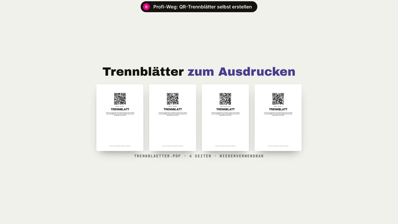 Trennblätter zum Ausdrucken: vier A4-Blätter mit QR-Code und der Aufschrift „Trennblatt“
